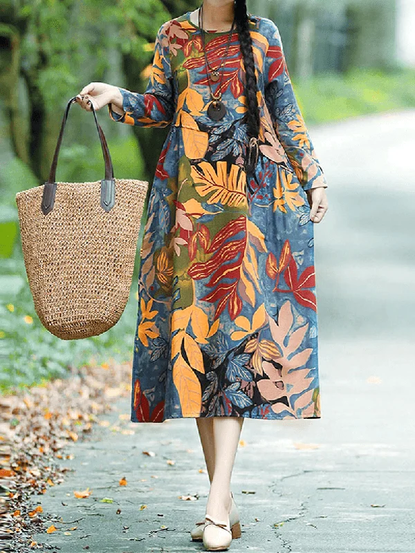 Creative Prints Lazy Home Floral Leaf Print Vintage Casual Midi Dress with Side Pockets Creative Prints Lazy Home Floral Leaf Print Vintage Casual Midi Dress with Side Pockets