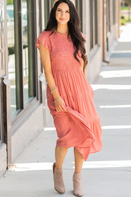 Personalized Design Classic Retro Learn To Love Dusty Apricot Orange Smocked Midi Dress Personalized Design Classic Retro Learn To Love Dusty Apricot Orange Smocked Midi Dress