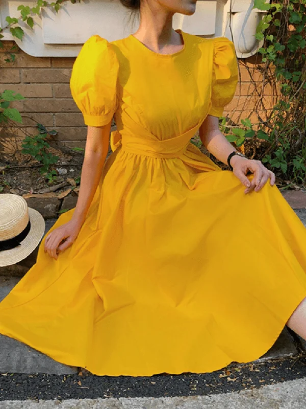 Artistic Temperament Puff Sleeve Back Zipper Drawstring Solid Color Belted Casual Midi Dress Artistic Temperament Puff Sleeve Back Zipper Drawstring Solid Color Belted Casual Midi Dress