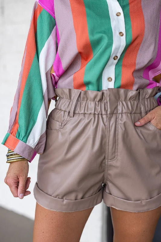 Classic Retro Luxury Style Adorable Faux Leather Taupe Shorts