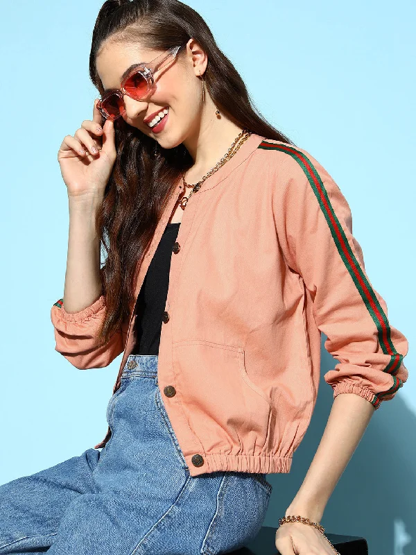 Sports Trend Personalized Clothing Women Pink Denim Bomber Sleeve Tape Jacket