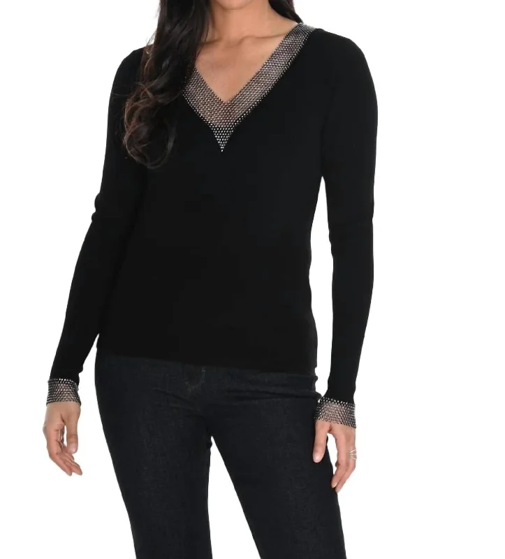 Lazy Home Comfortable Series V-Neck Sweater With Crystal Stone Detail In Black