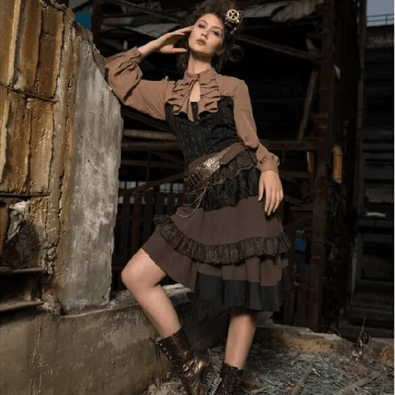 Editorial Design Classic Retro Women's Assymmetrical Net and Lace Frilled Steampunk Skirt Editorial Design Classic Retro Women's Assymmetrical Net and Lace Frilled Steampunk Skirt