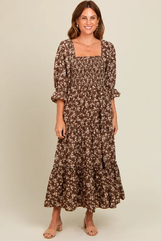 Comfortable Mind Brown Smocked Tiered Pocketed Midi Dress