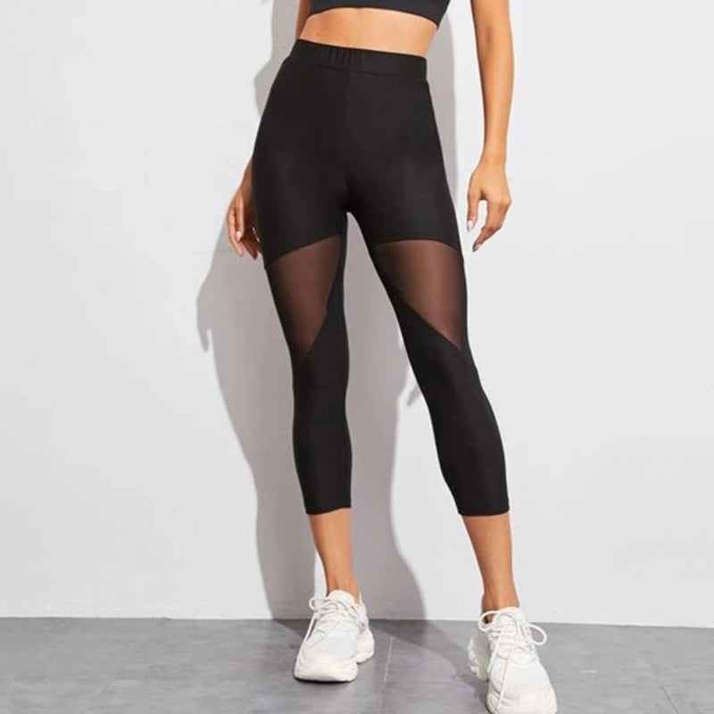 Sports litigation style Perspective Mesh Patchwork Fitness Elastic Black Leggings