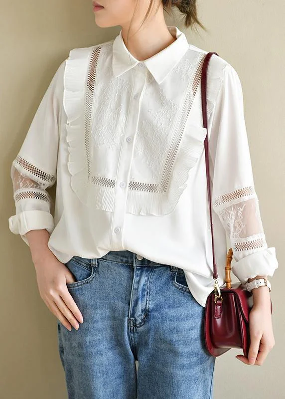 Editorial Design Classic Handmade Patchwork White Long Sleeve Top Ruffles