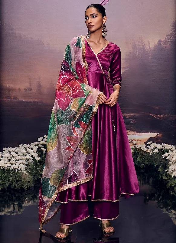 Youthful Vitality European And American Style Deep Magenta Embroidered Anarkali Style Palazzo Suit Youthful Vitality European And American Style Deep Magenta Embroidered Anarkali Style Palazzo Suit