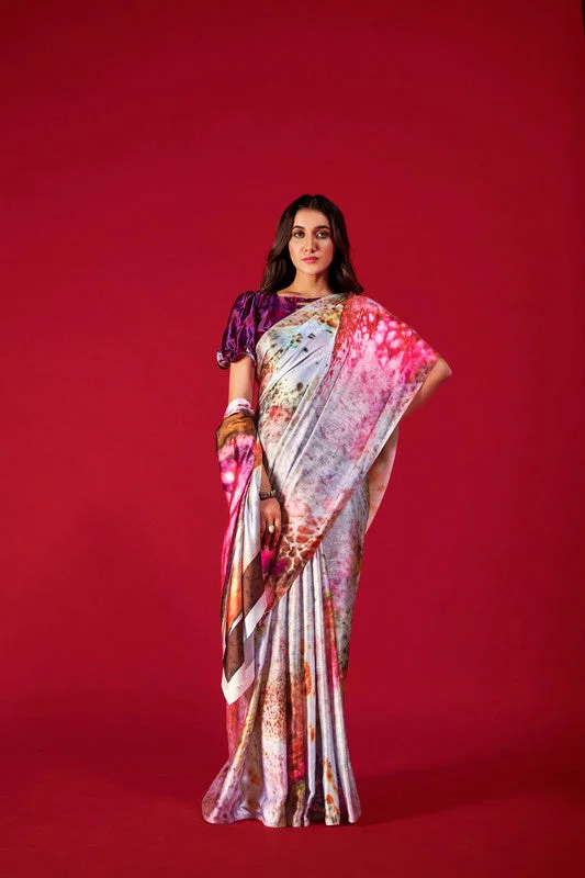 Windbreaker fashion Women's Multicolor Digital Printed satin Crepe saree With Blouse  (Saree Blouse Without stitch) - Aastha Fashion