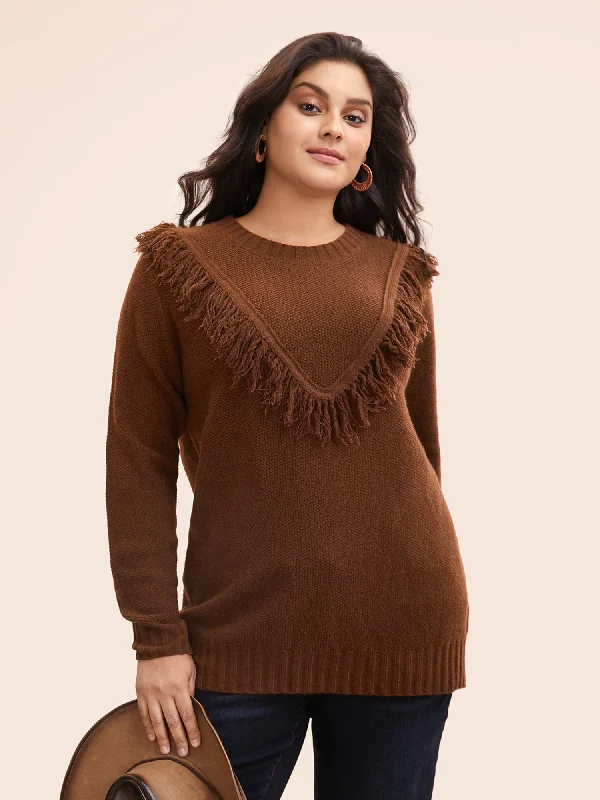 Exclusive Customization Urban Style Tassel-Front High Neck Pullover
