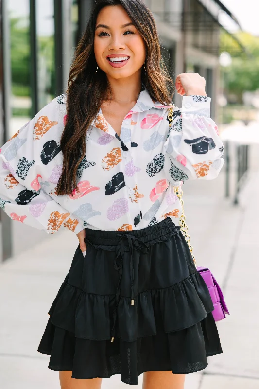 Stand-up collar design Not My First Rodeo White Cowboy Hat Printed Blouse