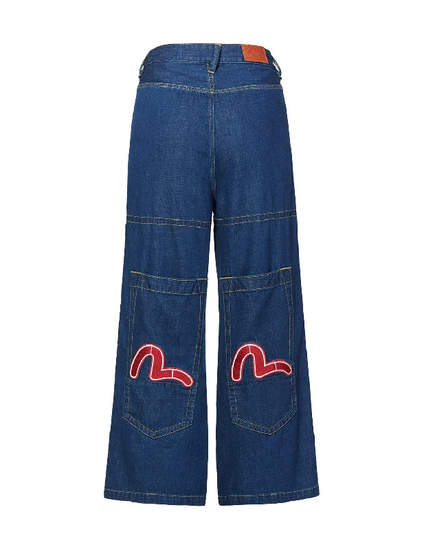 Sweet Style Eye-catching Personality Denim Culottes with Seagull Embroidered Huge Pockets Sweet Style Eye-catching Personality Denim Culottes with Seagull Embroidered Huge Pockets
