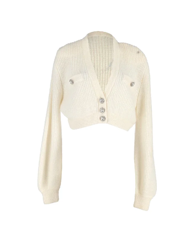 Affordable selection Alessandra Rich Crystal-Button Cropped Cardigan in Cream Wool