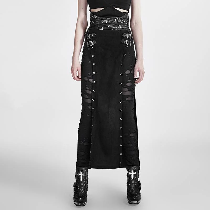 Lively And Youthful British Style Women's Steampunk Buckle Up Side Slit Maxi Skirt