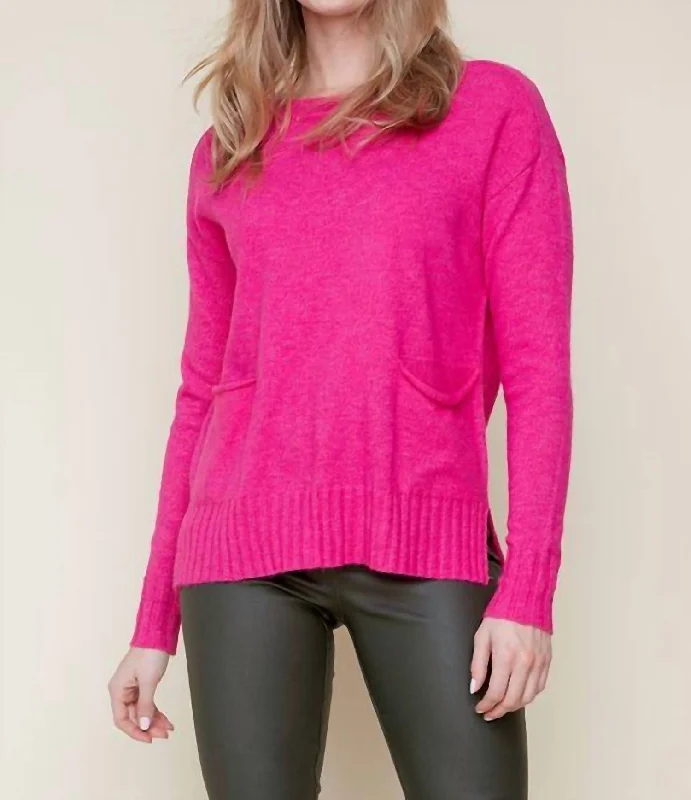 Printed Patterns Soft And Comfortable Crew Neck Pocket Knit Sweater In Orchid