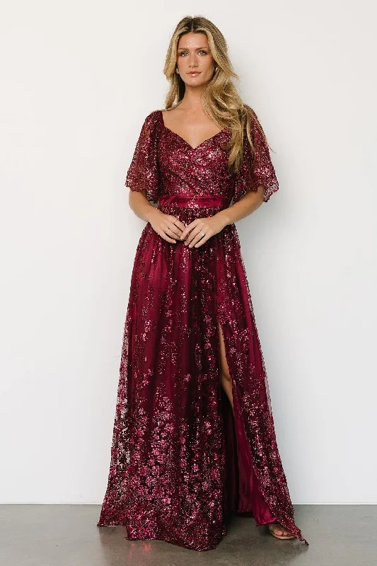 Fun and cute Genevieve Glitter Maxi Dress | Wine