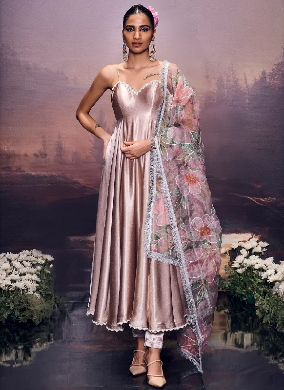 End Of The Year Body Design Taupe Embroidered Satin Anarkali