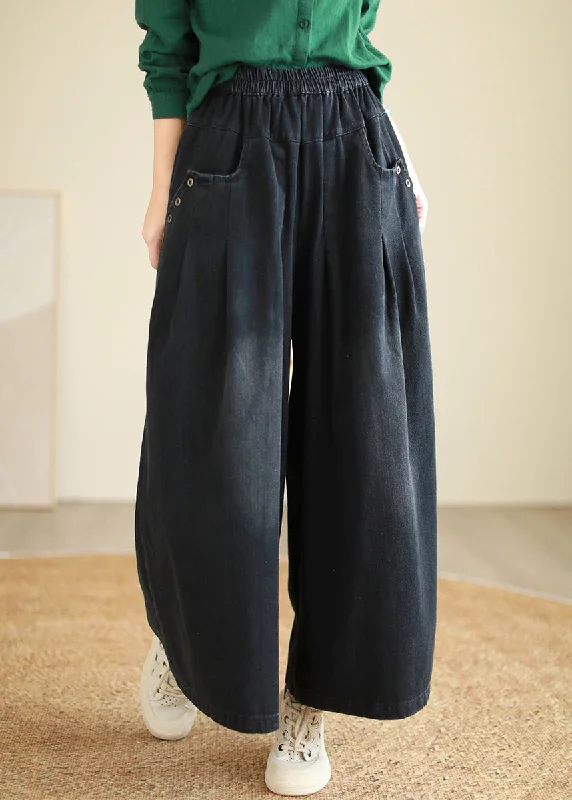 New Autumn And Winter Styles Lazy Home Denim Black Elastic Waist Draping Flared Trousers