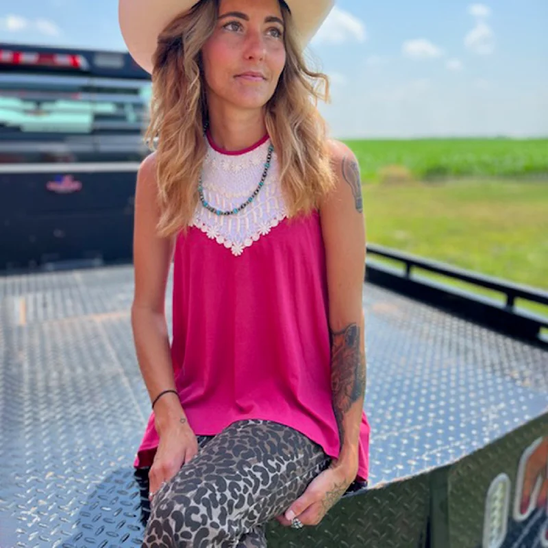 Soft And Comfortable Elegant Design Pink Crochet Neck Tank