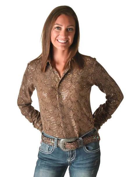 Street Style Cowgirl Tuff Tan Metallic Snakeskin Rodeo Shirt