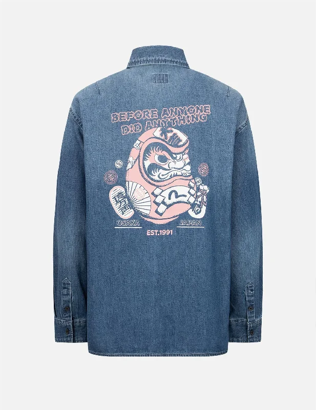 French Style French Retro Daruma Print Denim Shirt