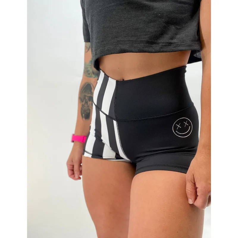 High Street Fashion Classic Retro Salty Savage Ladies High Waist "Cruella Vibes" Spliced Training Shorts | Wet Suit Performance