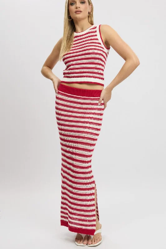 Exclusive Customization Personalized Design Red Stripe Crochet Knit Skirt Elastic Waist Midi Lined Exclusive Customization Personalized Design Red Stripe Crochet Knit Skirt Elastic Waist Midi Lined