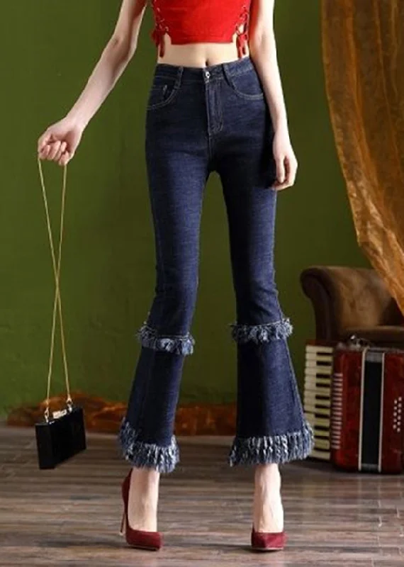 Retro Fashion Classic Retro Fitted Blue Tasseled Pockets Patchwork Denim Flare Bottoms Spring Retro Fashion Classic Retro Fitted Blue Tasseled Pockets Patchwork Denim Flare Bottoms Spring