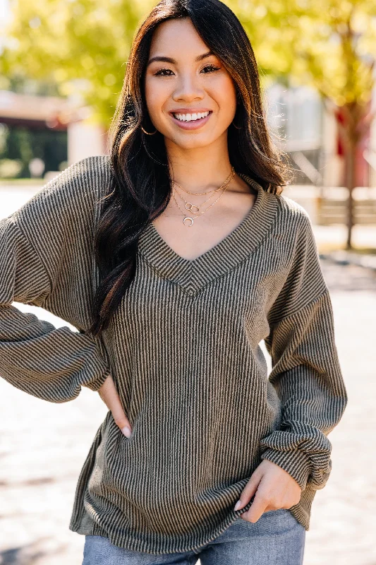 Basic Version Sports Design Dream Of The Day Olive Green Ribbed Top