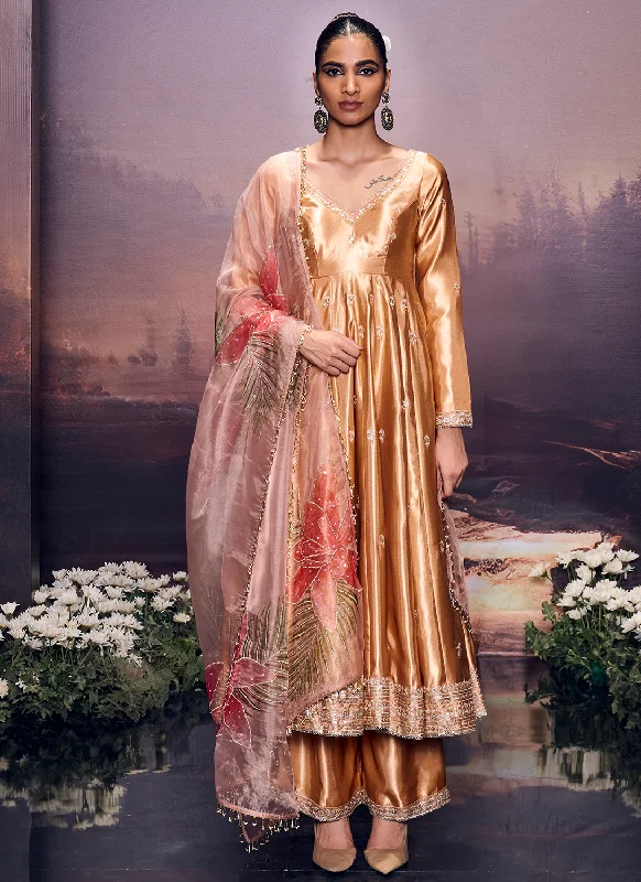 Retro Prints New Autumn And Winter Styles Gold Embroidered Satin Anarkali