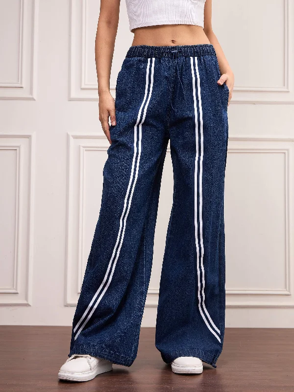 Fashionable And Fashionable Simple Style Women Blue Denim Front Tape Jeans