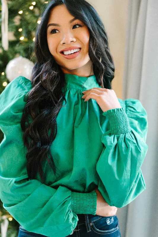 Windbreaker fashion On The Move Green Satin Puff Sleeve Blouse