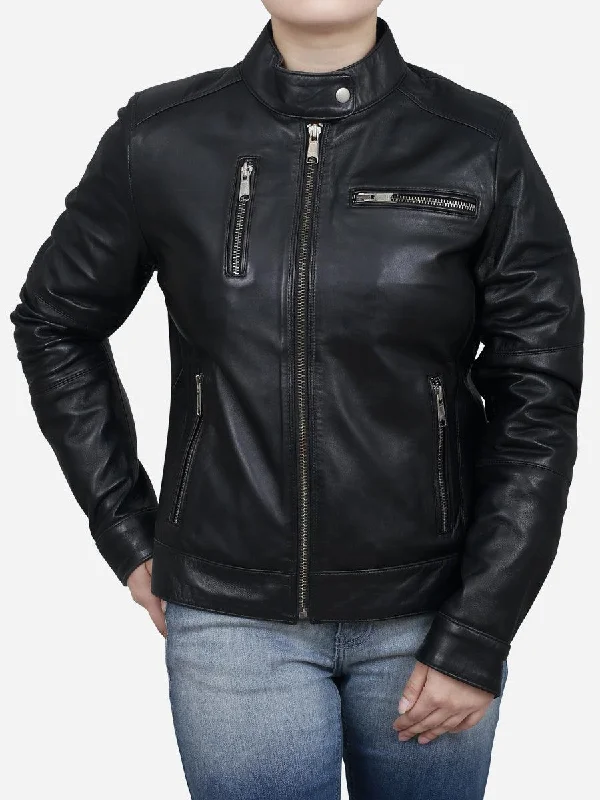 Soft And Comfortable Elegant Design Chloe Women's Black Classic Leather Biker Jacket