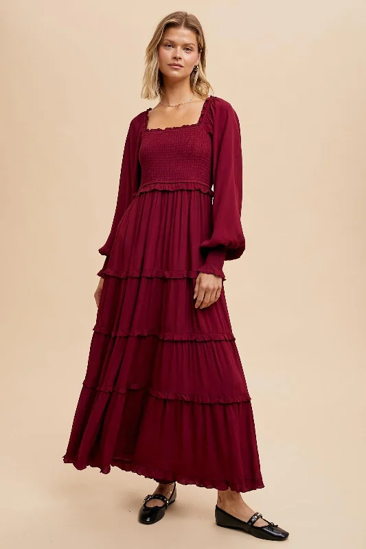 Practical Style Trendy Items Burgundy Smocked Long Sleeve Ruffle Tiered Maxi Dress