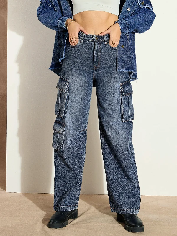 Refreshing Design Elegant And Noble Women Blue Washed Denim Cargo Jeans