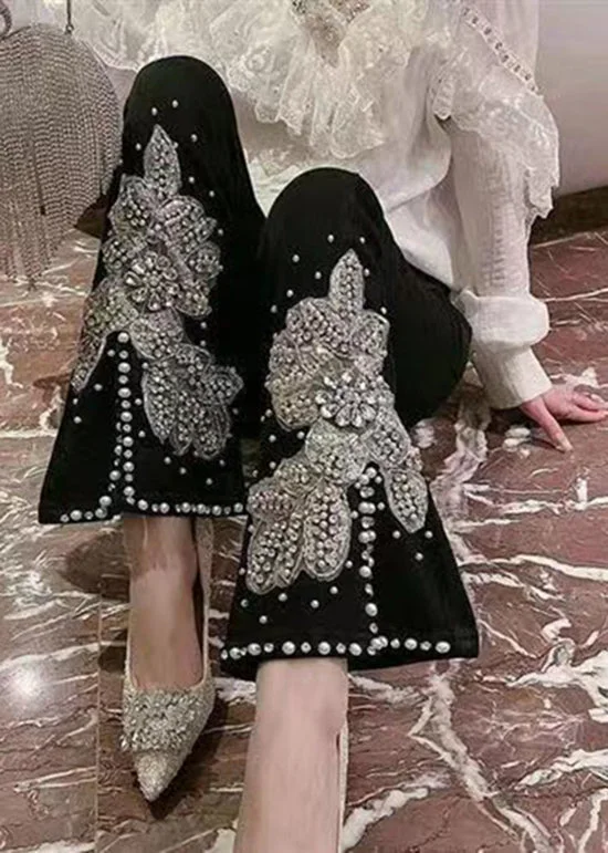 Luxury Style Celebrity Style Fashion Black Pockets Nail Bead Denim Flared Trousers Spring Luxury Style Celebrity Style Fashion Black Pockets Nail Bead Denim Flared Trousers Spring