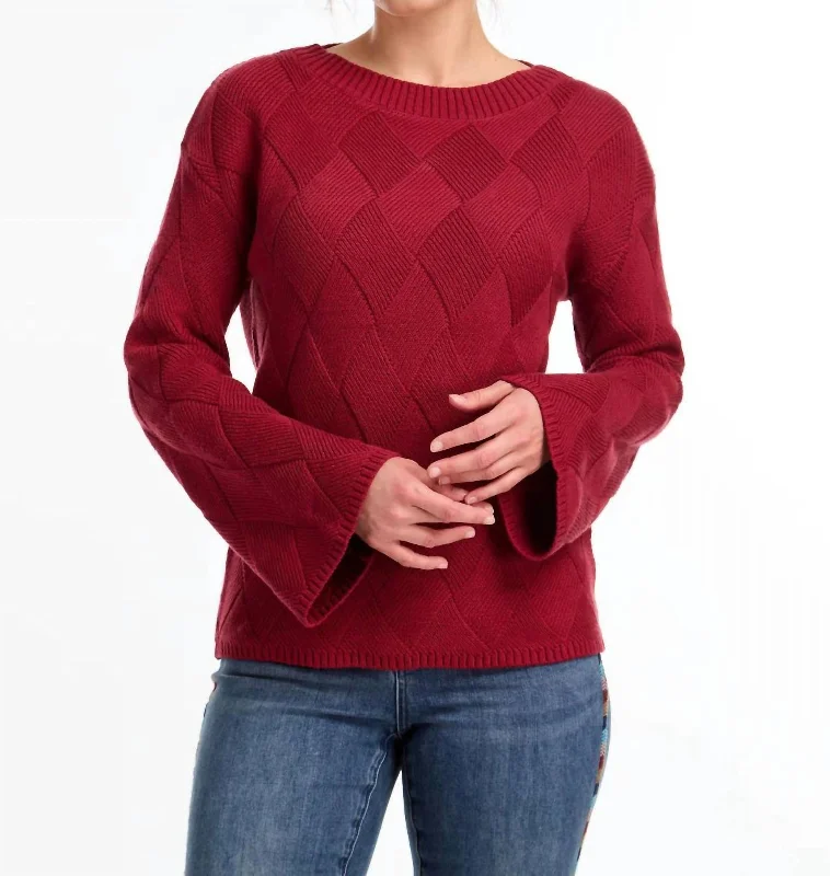 Elegant And Charming Fashionable Items Long Sleeve Boat Neck Sweater In Red Pattern
