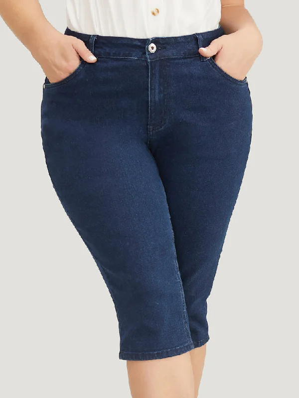 Short Design European And American Style Moderately Stretchy  High Rise Knee Denim Shorts