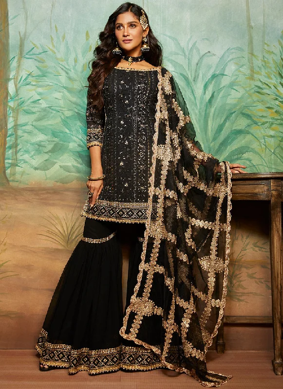 Fresh And Capable Warm And Comfortable Black and Gold Thread Embroidered Gharara Suit Fresh And Capable Warm And Comfortable Black and Gold Thread Embroidered Gharara Suit
