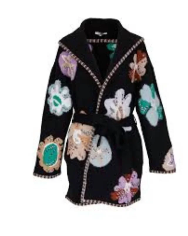 Floral Prints Multi Belted Cardigan In Black Multi