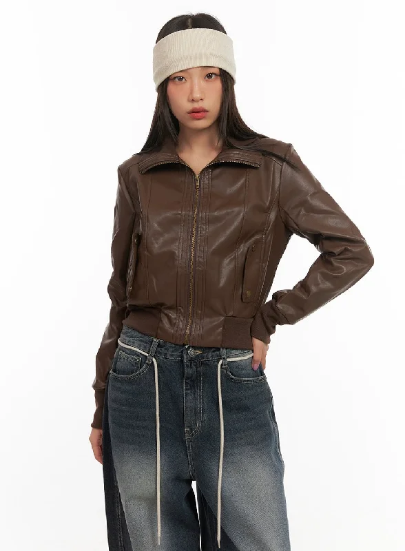 Comfortable Mind Urban Style Long Sleeve Faux Leather Zip Jacket CD409