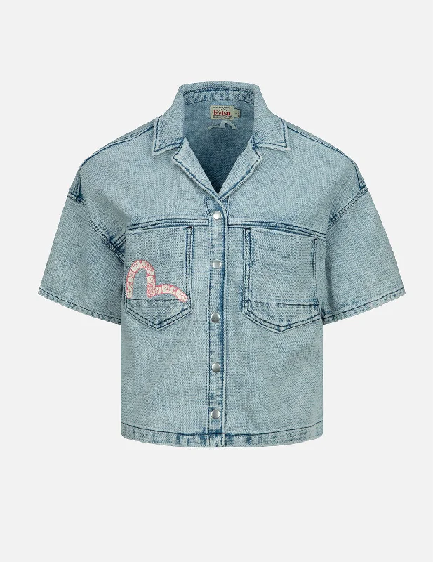 Exquisite Design End Of The Year Graffiti Seagull Print Boxy Denim Shirt