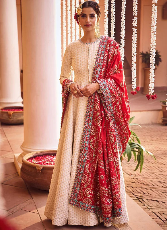 Exquisite Embroidery Elegant And Noble Off White and Red Embroidered Anarkali