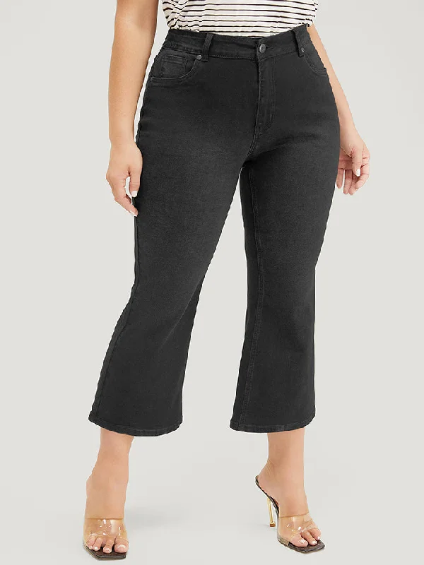 Fashionable Prints Luxury Style Bootcut Slightly Stretchy High Rise Black Wash Cropped Jeans
