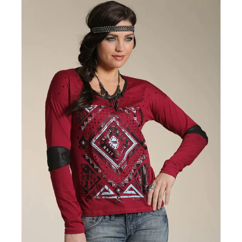 French Style Luxury Style Cruel Girl Red Aztec Patched Shirt