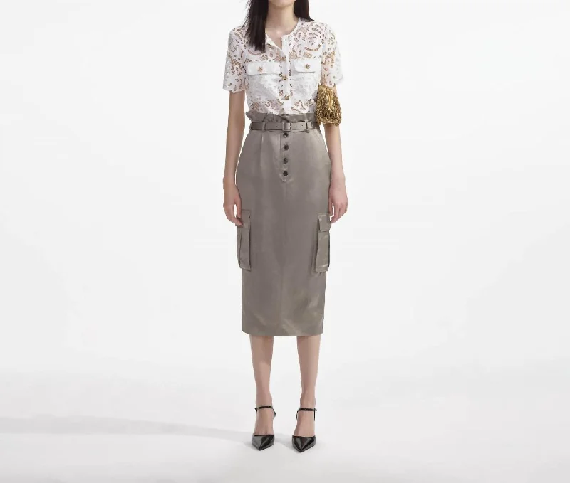 Warm Atmosphere Simple Matching Satin Cargo Midi Skirt Taupe In Beige