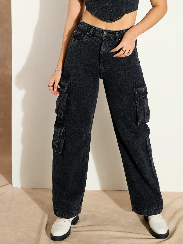 Artistic Temperament High-end Fabrics Women Black Washed Denim Cargo Jeans