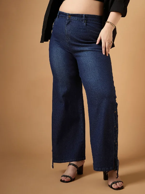 High Street Fashion Carefree Style Women Blue Wash Side Knot Straight Fit Jeans