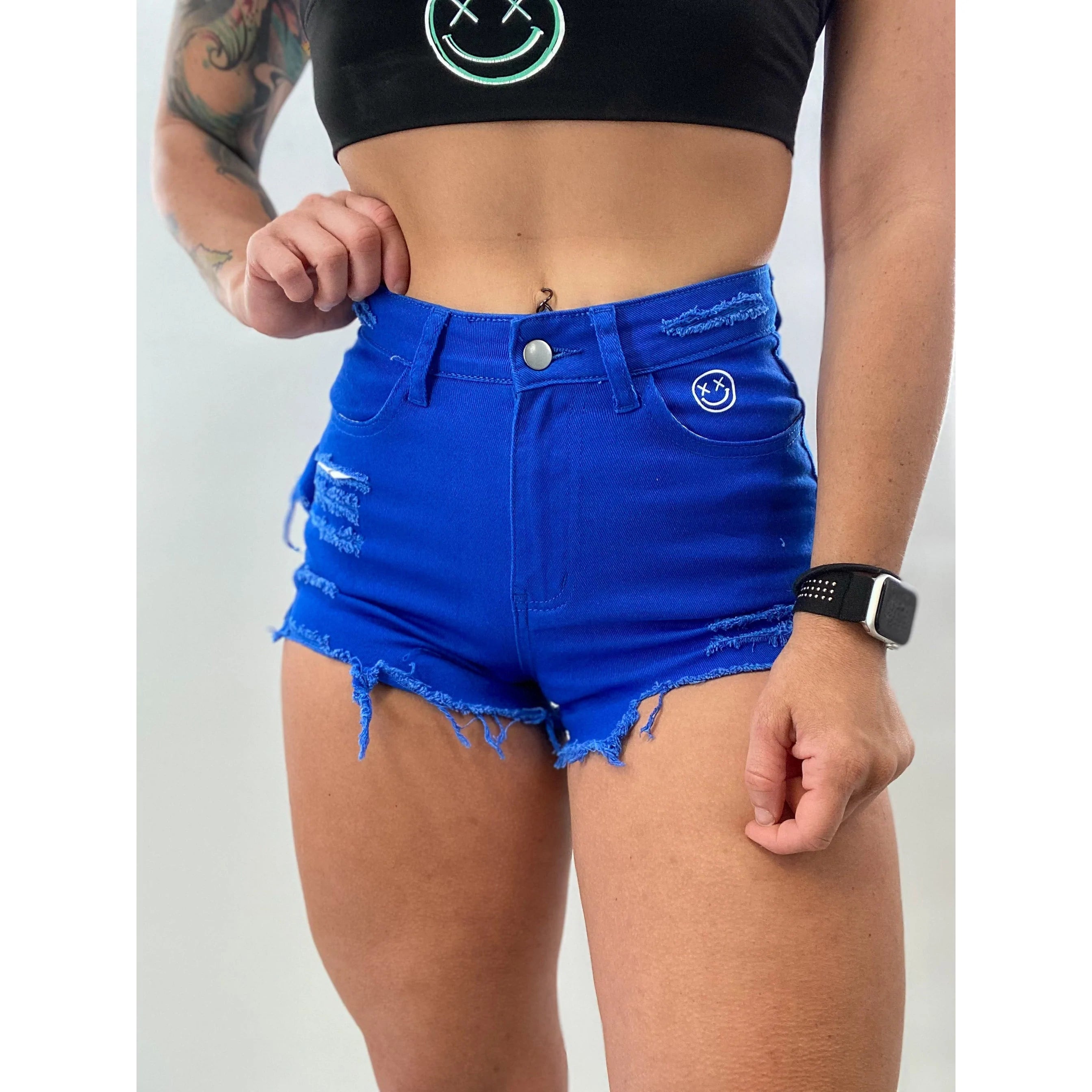 New Autumn And Winter Styles High-quality Fabrics Salty Savage Ladies High Rise “OG Smile” Distressed Stretch Jean Shorts | Royal Blue