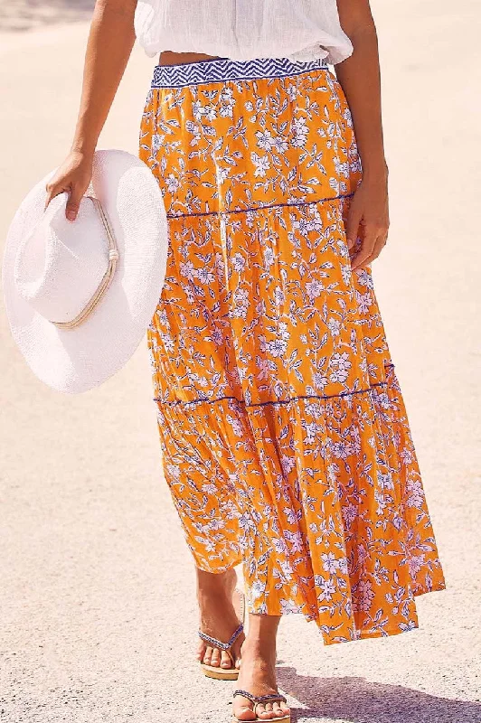Comfortable Series Fresh And Natural Becks Block Print Skirt | Japanese Flower Orange/Cobalt Comfortable Series Fresh And Natural Becks Block Print Skirt | Japanese Flower Orange/Cobalt