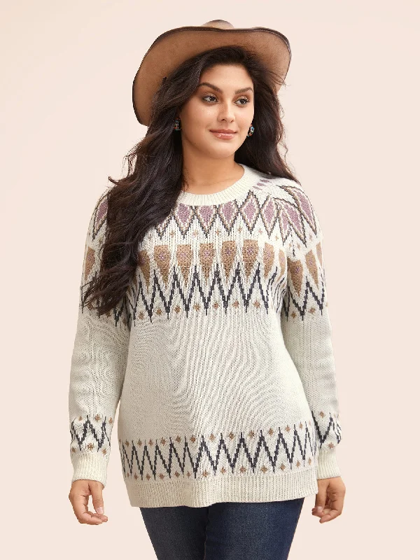 Soft And Comfortable Elegant And Simple Fair Isle Jacquard Crew Neck Pullover